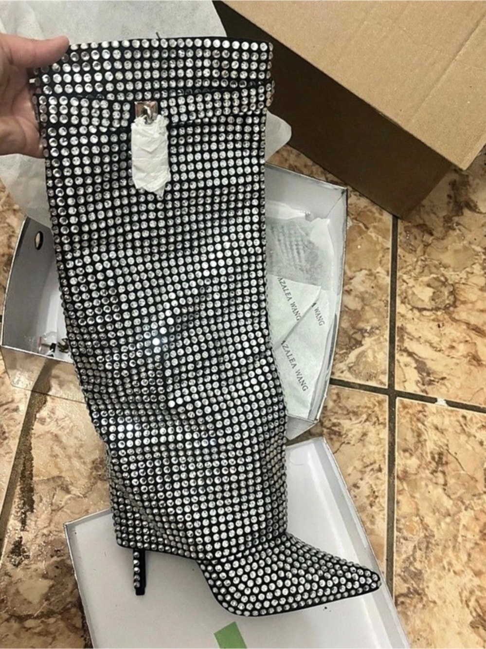 Azalea Wang Hemlock Silver Rhinestone Stiletto Boot Boots Black & Silver